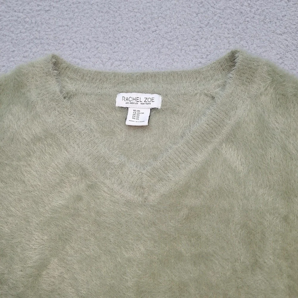Rachel Zoe Sweater‎ Womens XS Sage Green Fuzzy Eyelash Knit V-Neck Pullover Cozy